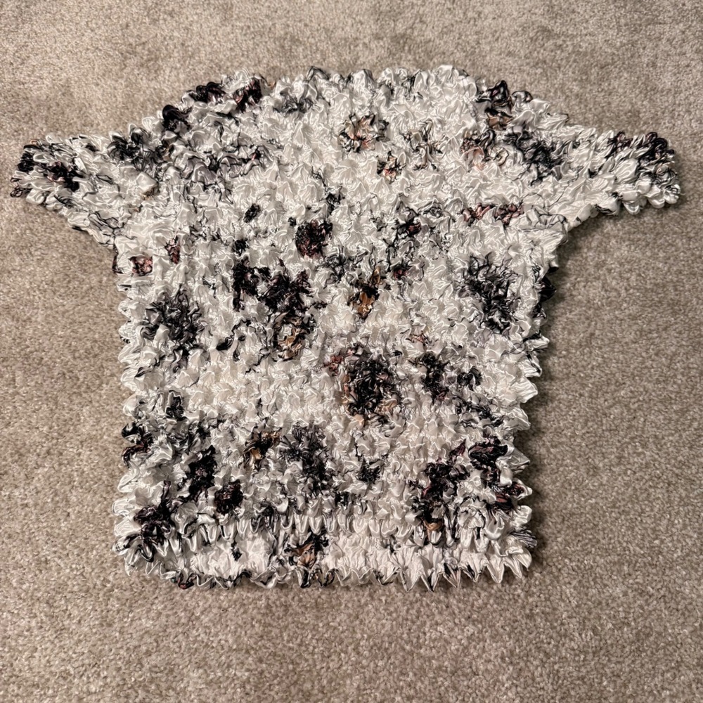 F.C Vintage Popcorn Top Women White Black Abstract Floral Crinkle Stretch Shirt